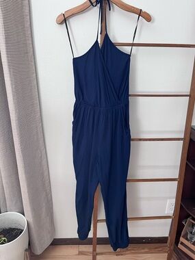 Lulu's Navy Halter Jumpsuit with Elastic Waist